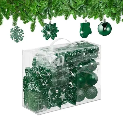Produktbild: Relaxdays Weihnachtskugeln 100er Set, glitzernd, matt & glänzend, Baumschmuck, Kunststoff, versch. Designs, dunkelgrün