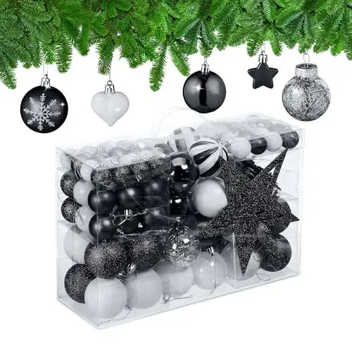 Produktbild: Relaxdays Weihnachtskugeln 101er Set, Kunststoff, Weihnachtsbaumdeko mit Kugeln, Spitze, Christbaumschmuck, schwarz/weiß