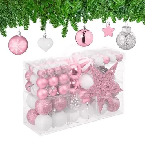 Produktbild: Relaxdays Weihnachtskugeln 101er Set, Kunststoff, Weihnachtsbaumdeko mit Kugeln & Spitze, Christbaumschmuck, rosa/weiß