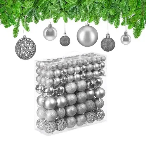 Produktbild: Relaxdays Weihnachtskugeln, 150er Set, glitzernde, Matte & glänzende Christbaumkugeln, Kunststoff, ∅ 3, 4 & 6 cm, Silber