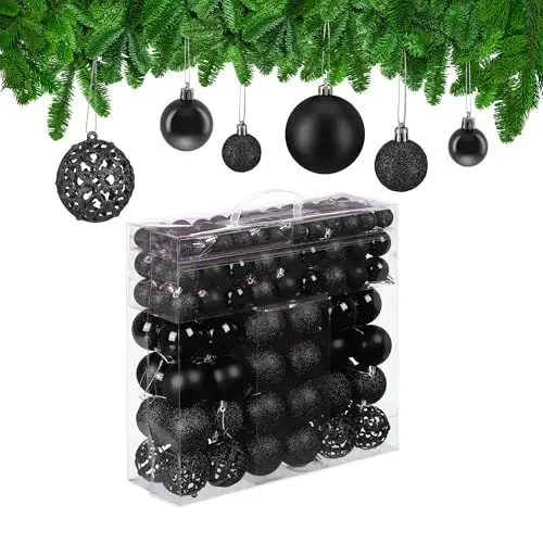 Produktbild: Relaxdays Weihnachtskugeln 150er Set, glitzernde, Matte & glänzende Christbaumkugeln, Kunststoff, ∅ 3, 4 & 6 cm, schwarz