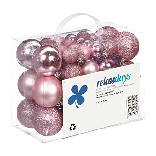 Produktbild: Relaxdays Weihnachtskugeln 50er Set, glitzernde, Matte & glänzende Christbaumkugeln, Kunststoff, ∅ 3, 4 & 6 cm, rosa