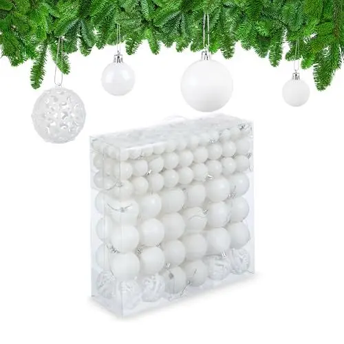 Produktbild: Relaxdays Weihnachtskugeln im 150er Set, glitzernde, Matte & glänzende Christbaumkugeln, Kunststoff, ∅ 3, 4 & 6 cm, weiß