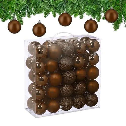 Produktbild: Relaxdays Weihnachtskugeln im 50er Set, Kunststoff, D: 6 cm, runde Weihnachtsbaumdeko, Baumschmuck bruchsicher, braun