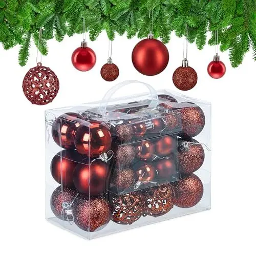 Produktbild: Relaxdays Weihnachtskugeln im 50er Set, glitzernde, Matte & glänzende Christbaumkugeln, Kunststoff, ∅ 3, 4 & 6 cm, rot