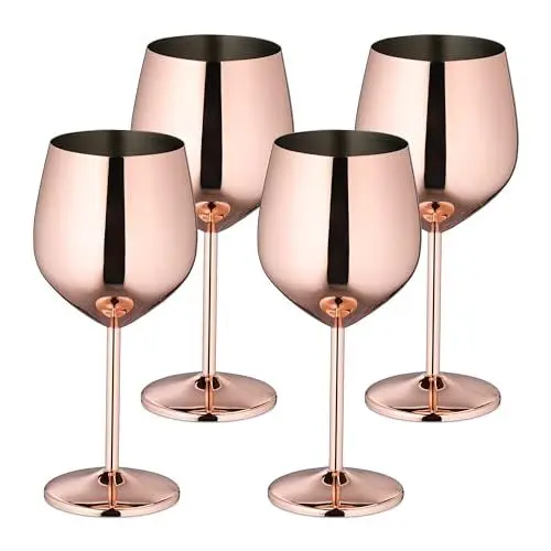 Produktbild: Relaxdays Weingläser Edelstahl, 4er Set, bruchsicher, Lange Kühlwirkung, 400 ml, Rotweingläser für unterwegs, roségold