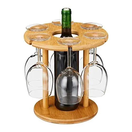 Produktbild: Relaxdays Weinglashalter, Bambus, für 6 Gläser, rund Ø 25cm, Weingeschenk, Bar, Weinbutler mit Weinflaschenhalter, natur 1 Stück