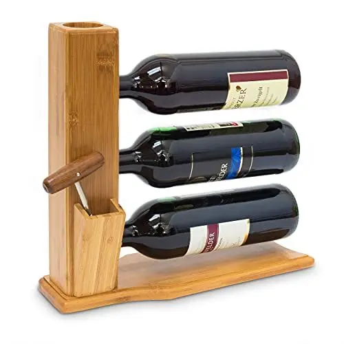Produktbild: Relaxdays Weinständer für 3 Flaschen H x B x T: 32 x 12 x 34 cm Weinregal zum Hinstellen aus Bambus kleines Flaschenregal mit Platz für Korken und Öffner Flaschenhalter Weinflaschenablage Holz, natur