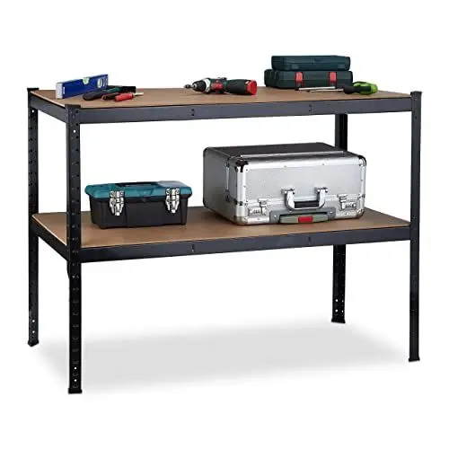 Produktbild: Relaxdays Werkbank, 2 Ebenen, höhenverstellbar, Werktisch, zum Stecken, Werkstatt, Stahl, MDF, HBT 90x120x60 cm, schwarz