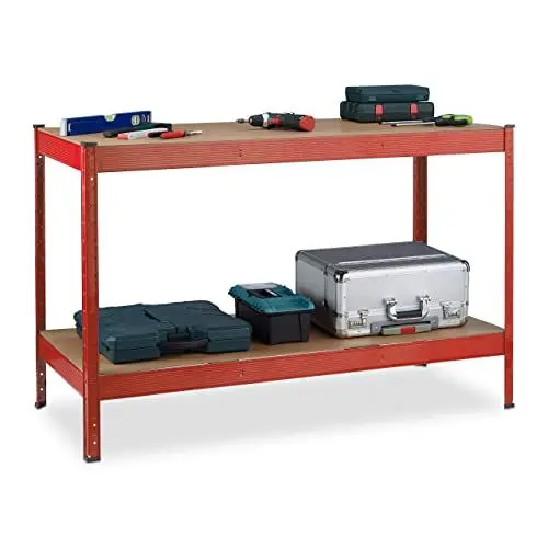 Produktbild: Relaxdays Werkbank, 600 kg, HxBxT: 91 x 141 x 61 cm, 2 verstellbare Ebenen, Werktisch, Stahl & MDF, Werkstattregal, rot