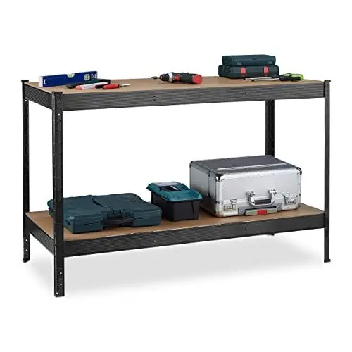 Produktbild: Relaxdays Werkbank, 600 kg, Werktisch, HBT 91 x 141 x 61 cm, 2 verstellbare Ebenen, Werkstatt Regal Stahl & MDF, schwarz