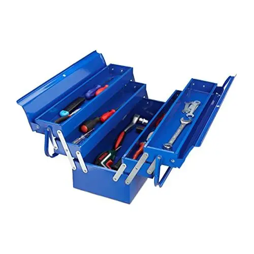 Produktbild: Relaxdays Werkzeugkoffer leer, 5 Fächer, mit Tragegriff, Metall, abschließbar, Werkzeugkasten, HBT 21 x 53 x 20 cm, blau