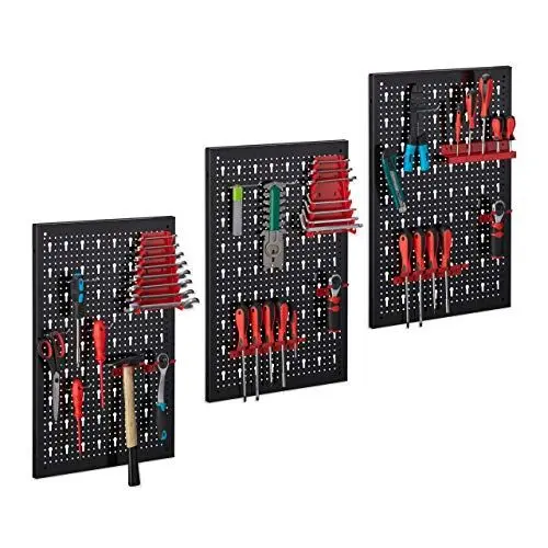 Produktbild: Relaxdays Werkzeugwand 3-teilig, inkl. 17-teiligem Werkzeughalter Set, Lochwand HxB je 60 x 39 cm, Metall, schwarz-rot