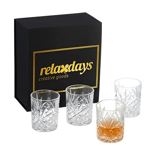 Produktbild: Relaxdays Whisky Gläser im 4er Set, mit Geschenkbox, abstraktes Muster, Barzubehör für Rum, HxD: 10 x 8 cm, transparent
