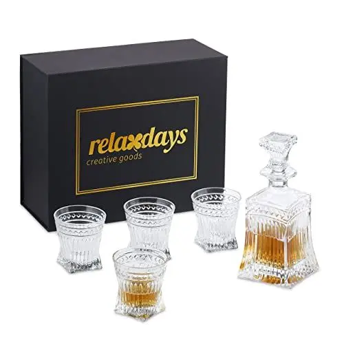 Produktbild: Relaxdays Whisky Set, 5-teilig, Whiskykaraffe 500 ml, 4 Whiskygläser 240 ml, Cognac Dekanter, Geschenkbox, transparent, Glas