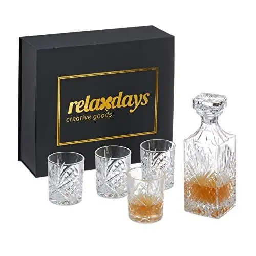 Produktbild: Relaxdays Whisky Set, 5-teilig, Whiskykaraffe 800 ml, 4 Whiskygläser 310 ml, Geschenkbox, Cognac Dekanter, transparent