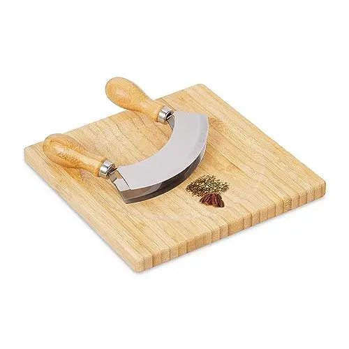 Produktbild: Relaxdays Wiegemesser mit Brett, Bambus & Edelstahl, zweischneidiges Kräutermesser, Kräuterbrett 20x20 cm, natur/silber