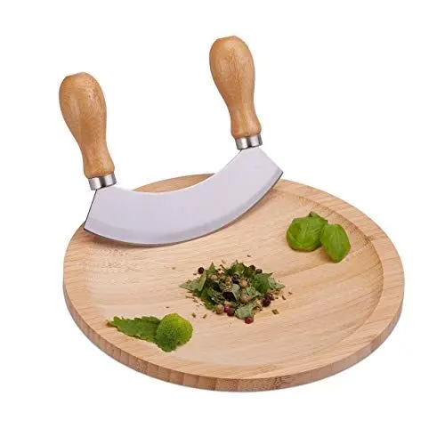 Produktbild: Relaxdays Wiegemesser mit Brett, einschneidige Klinge für Kräuter, mit Mulde, Edelstahl & Bambus, HxD: 2 x 20 cm, natur, Silber