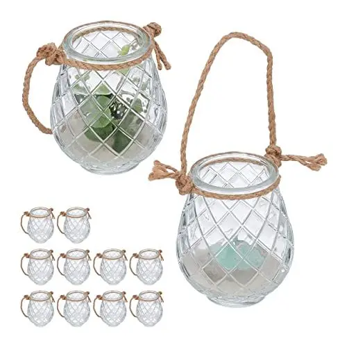Produktbild: Relaxdays Windlicht, 12er Set, Glas, Henkel aus Hanfseil, innen & außen, Teelichthalter, 10 x 8,5 cm, transparent/Natur