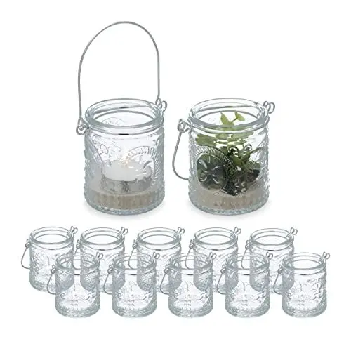 Produktbild: Relaxdays Windlicht, 12er Set, Glas mit Henkel, 7 x 6 cm, innen & außen, Hochzeit Teelichthalter, transparent/Silber