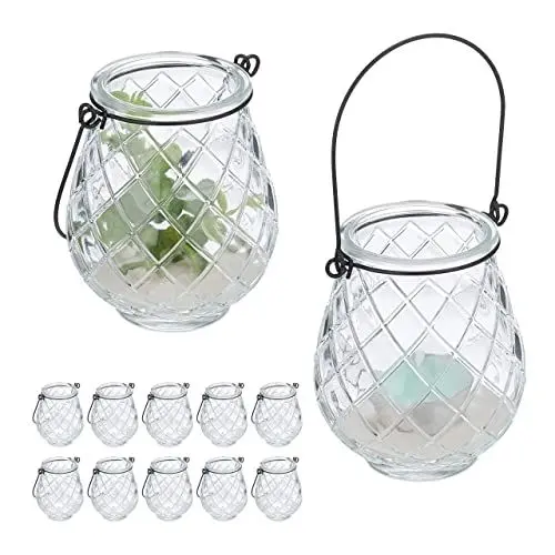 Produktbild: Relaxdays Windlicht, 12er Set, Glas, mit Henkel, HxD: 10 x 8,5 cm, innen & außen, Teelichthalter, transparent/schwarz
