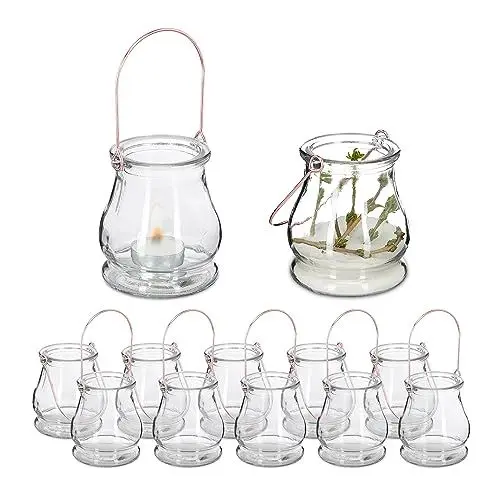 Produktbild: Relaxdays Windlicht, 12er Set, Glas, mit Henkel aus Metall, innen & außen, Teelichthalter, HxD: 10 x 8,5 cm, transparent