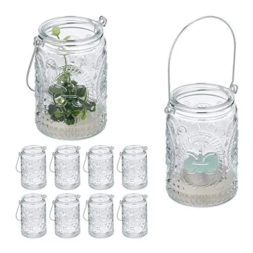Produktbild: Relaxdays Windlicht, 12er Set, Glas mit Henkel, innen & außen, 10,5 x 7 cm, Hochzeit Teelichthalter, transparent/Silber