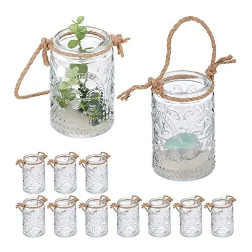 Produktbild: Relaxdays Windlicht, 12er Set, Glas mit Henkel, innen & außen, 10,5 x 7 cm, Hochzeit Teelichthalter, transparent/braun
