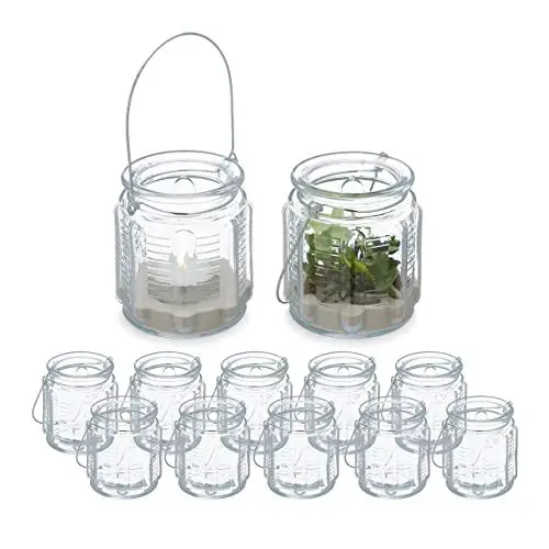 Produktbild: Relaxdays Windlicht, 12er Set, Glas, mit Henkel, innen & außen, Deko Teelichthalter, HxD: 9 x 8,5 cm, transparent/Silber