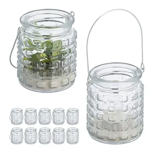 Produktbild: Relaxdays Windlicht, 12er Set, Glas, mit Henkel, innen & außen, Deko Teelichthalter, HxD: 9 x 8 cm, transparent/Silber