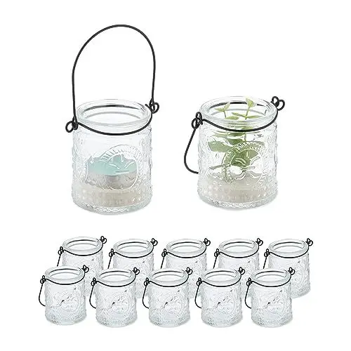 Produktbild: Relaxdays Windlicht, 12er Set, Glas mit Henkel, innen & außen, HxD: 7x6 cm, Hochzeit Teelichthalter, transparent/schwarz