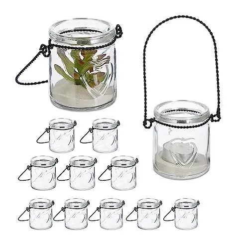 Produktbild: Relaxdays Windlicht, 12er Set, Glas mit Henkel, innen & außen, HxD: 7x6 cm, Teelichthalter Hochzeit, transparent/schwarz