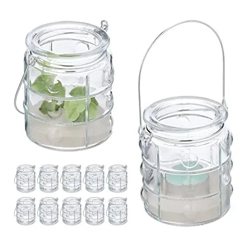 Produktbild: Relaxdays Windlicht, 12er Set, Glas, mit Henkel, innen & außen, runde Teelichthalter, HD 9 x 7,5 cm, transparent/Silber, Eisen, 9 x 7.5 x 7.5 cm