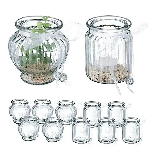 Produktbild: Relaxdays Windlicht, 12er Set, aus Glas, 2 verschied. Formen, mit Schleife, innen & außen, Teelichthalter, transparent