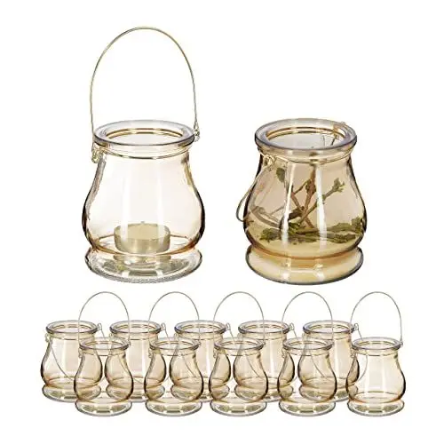 Produktbild: Relaxdays Windlicht, 12er Set, aus Glas, Henkel zum Aufhängen, innen & außen, Teelichthalter, HxD: 10 x 8,5 cm, Gold