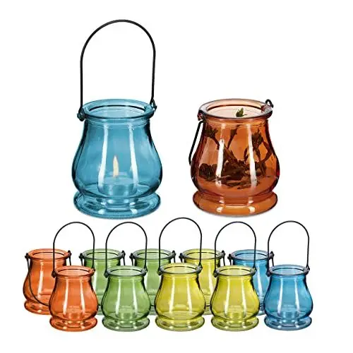 Produktbild: Relaxdays Windlicht, 12er Set, aus Glas, Henkel zum Aufhängen, innen & außen, Teelichthalter, HxD 10x8,5 cm, Mehrfarbig