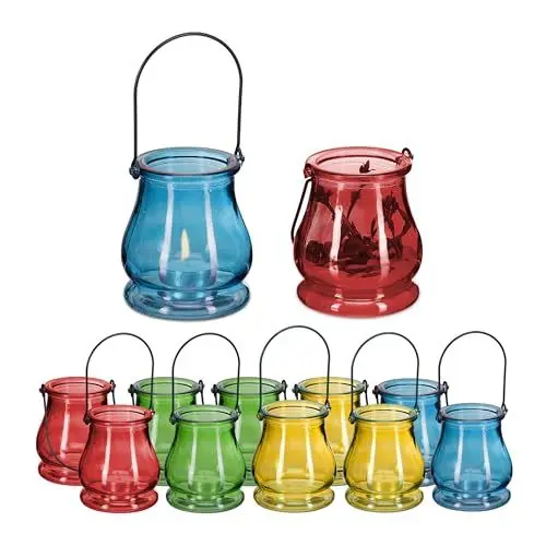 Produktbild: Relaxdays Windlicht, 12er Set, aus Glas, Henkel zum Aufhängen, innen & außen, Teelichthalter, HxD 9,5x8,5 cm, Mehrfarbig