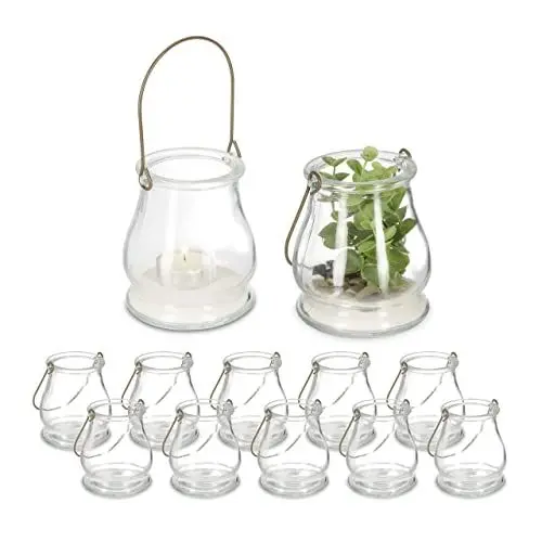 Produktbild: Relaxdays Windlicht, 12er Set, aus Glas, mit Henkel, innen & außen, Teelichthalter, HxD: 10 x 8,5 cm, transparent/Gold