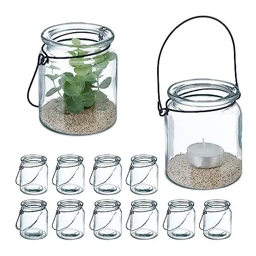 Produktbild: Relaxdays Windlicht Glas, 12er Set, Teelichthalter mit Henkel, HxD: 9,5 x 8 cm, runde Kerzengläser, transparent/schwarz