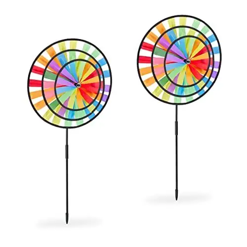 Produktbild: Relaxdays Windrad, 2er Set, Regenbogen-Design, Kinder, Windspielstecker für Balkon & Garten, HBT: 72 x 35 x 15 cm, bunt