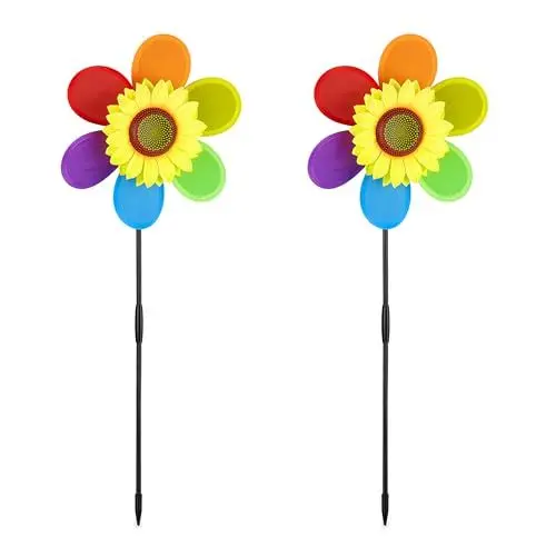 Produktbild: Relaxdays Windrad Blume, 2er Set, Deko Gartenstecker für Balkon, Terrasse & Garten, HBT 71 x 27 x 8 cm, Regenbogen, bunt