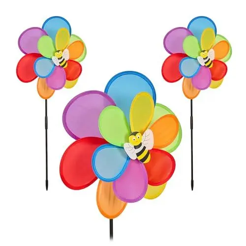 Produktbild: Relaxdays Windrad Garten, 3er Set, Doppelwindrad mit Erdspieß, HxBxT: 69 x 32,5 x 11,5 cm, mit Biene, Windspiel, bunt