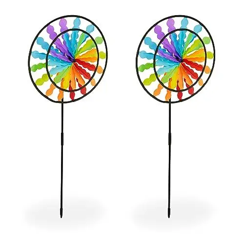 Produktbild: Relaxdays Windrad, Regenbogen, 2er Set, Kinder, HBT: 86 x 36,5 x 12 cm, Windspiel für Garten & Balkon, zum Stecken, bunt