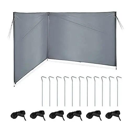 Produktbild: Relaxdays Windschutz, Sichtschutz Camping & Strand, HxB: 1,5 x 4 m, Stahlstangen, Polyester, mit Heringen & Seilen, grau