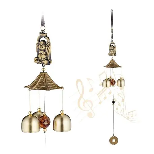 Produktbild: Relaxdays Windspiel 2er Set, Metall Glockenspiel, draußen & drinnen, Garten Klangspiel, hängend, Buddha, Gold/schwarz
