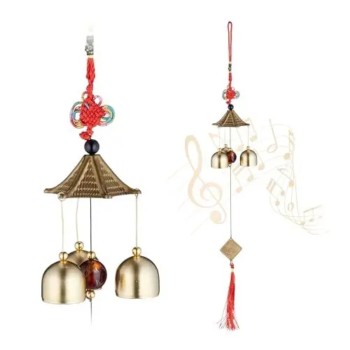 Produktbild: Relaxdays Windspiel 2er Set, Metall Glockenspiel, draußen & drinnen, Garten Klangspiel, hängend, Feng Shui, Gold/rot