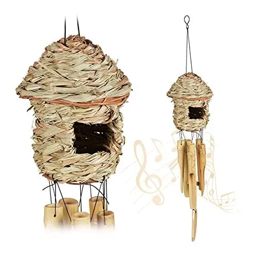 Produktbild: Relaxdays Windspiel 2er Set, aus Bambus & Stroh, für innen & außen, Deko Vogelhaus, Klangspiel, HxD: 67,5x13,5cm, Natur
