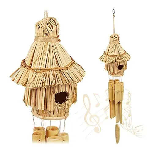 Produktbild: Relaxdays Windspiel 2er Set, aus Bambus u. Stroh, für innen u. außen, Deko mit Vogelhaus, HxBxT: 37,5x17,5x16 cm, Natur