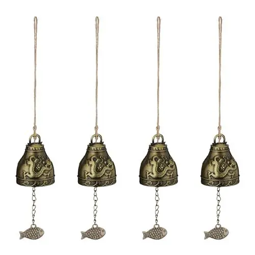 Produktbild: Relaxdays Windspiel Glocken, 4er Set, Feng Shui Glockenspiel, Phönix & Drache Motiv, Garten, Metall, Klangspiel, Gold