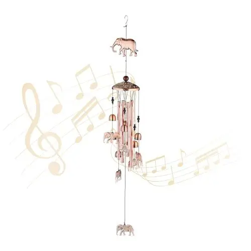 Produktbild: Relaxdays Windspiel, Glocken & Elefanten, Metall Glockenspiel, 90 cm lang, draußen & drinnen, Klangspiel hängend, Kupfer